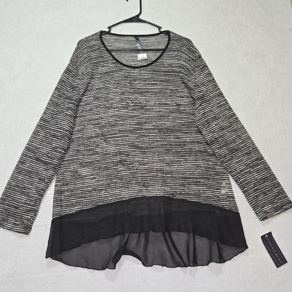 R#54 Ashely Blue Striped Sheer Hem Tunic Top Women's Plus 2XL Long Sleeve
